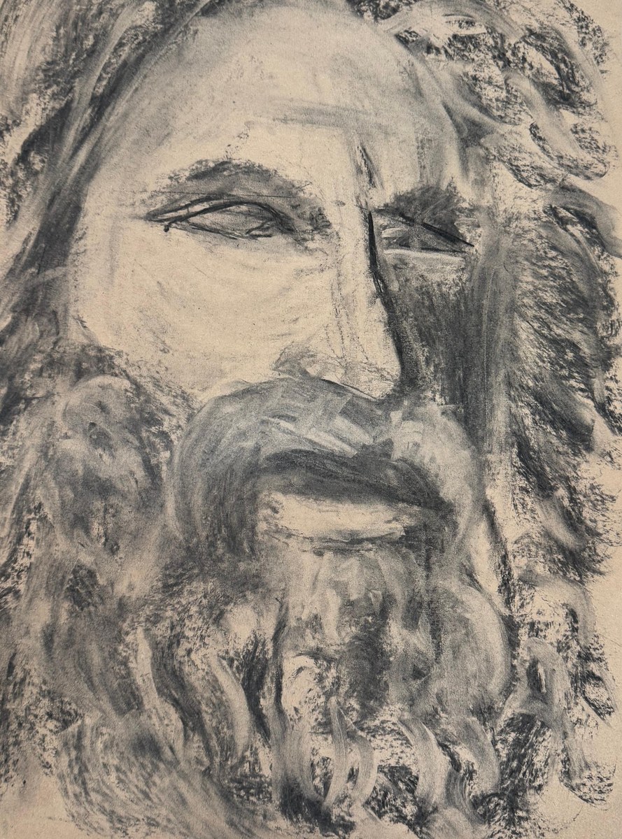 Poseidon — Charcoal portrait of bearded figure